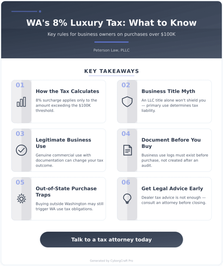 Infographic: Washington's New 8% Luxury Tax Hits Cars and Aircraft Over $100K - The Business-Owner Loopholes and Traps - Key concepts and takeaways