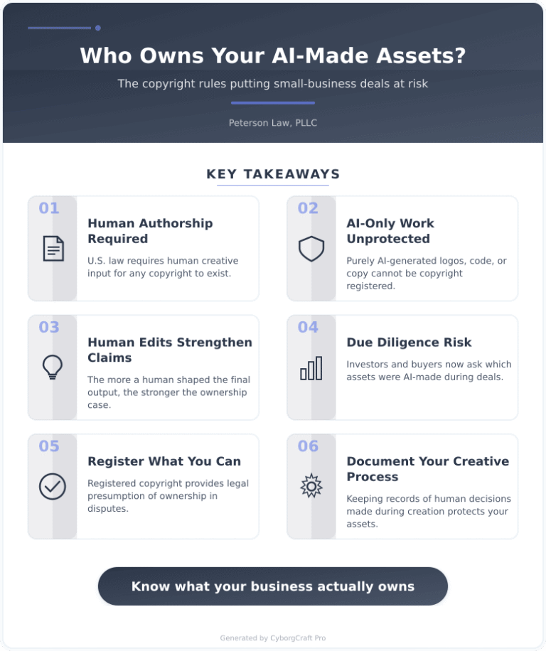 Infographic: Who Owns AI-Generated Logos, Code, and Copy? The Copyright Question Wrecking Small-Business Deals - Key concepts and takeaways