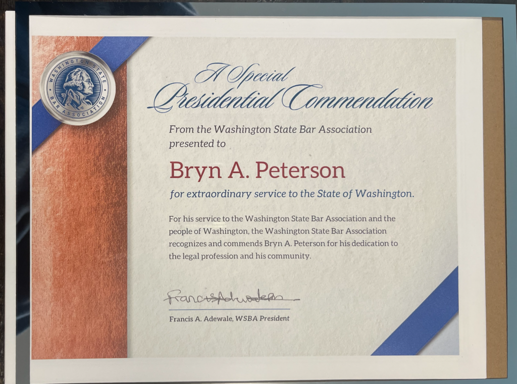 A Special Presidential Commendation from the Washington State Bar Association presented to Bryn Peterson 1 brlawyer bar